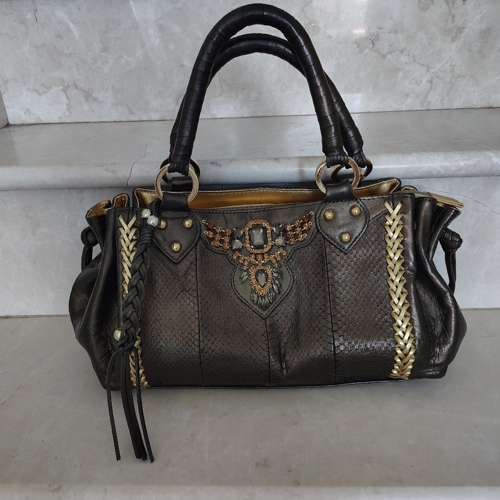Beverly Feldman Embellished Bronze Bag with Braided Detail
